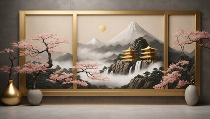 Volumetric stucco molding on a concrete wall with golden elements, Japanese landscape, waterfall, mountains