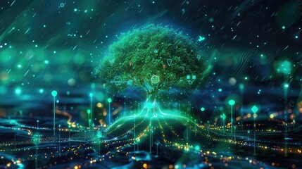 Obraz premium Digital tree with roots connecting to holographic icons of environment, social, and governance values, vibrant green and blue colors, Psychedelic, 3D Illustration.