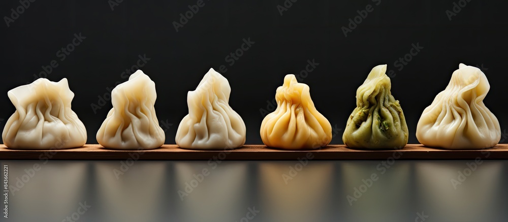 Poster a variety of dumplings representing the traditional asian cuisine displayed on a gray background wit