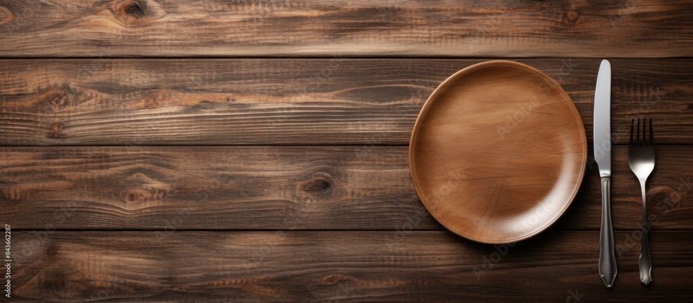 Poster empty plate with silver fork and knife on wooden background. copy space available
