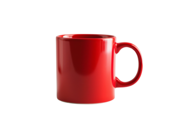 A bright red ceramic mug sits alone on a white background
