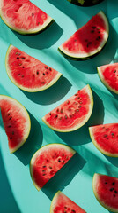 Aesthetic juicy slices of red watermelon on the pastel turquoise background with strong shadows. Generative AI