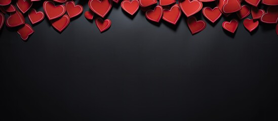 Frame of red paper hearts on a black background Banner Festive banner Copy space