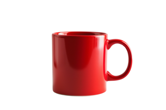 A bright red ceramic mug sits alone on a white background
