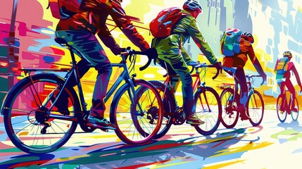 Bicycle commuters in an urban setting, pop art, bold colors, dynamic composition, sustainable transport,