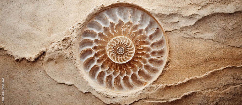 Poster Ammonite print on sea sand Top view Copy space Spiral pattern snail shell