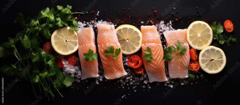 Aufkleber Raw salmon steak lemon parsley and garlic in a row on a dark textured background flat lay Top view copy space Red fish and ingredients for cooking