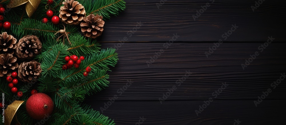 Poster top view of a festive arrangement featuring a christmas pinecone vibrant holly branches and a green 