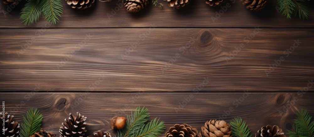 Poster a festive winter arrangement consisting of pine cones and spruce branches placed on a wooden surface