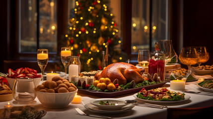 Festive Christmas Dinner Table with Various Dishes and Decorations