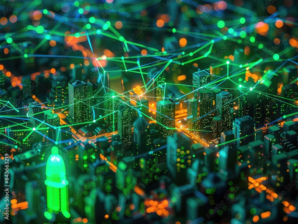 Poster digital network connecting esg values in a smart city, showing positive social interactions and gree