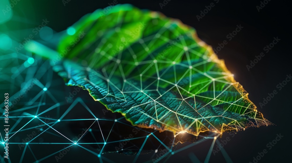 Poster symbolic green leaf with burnt edge and soft fade background for text