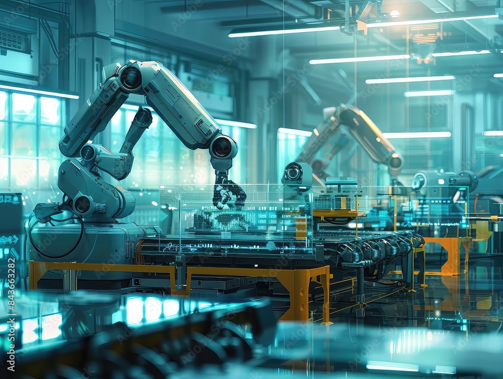 Poster futuristic factory with robots working efficiently under green energy sources, holographic data on s
