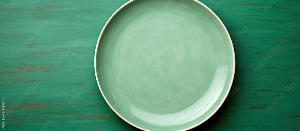 Aufkleber empty ceramic plate on green background top view. copy space available