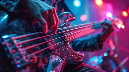 Obraz premium Close-Up of Musician Playing Electric Bass Guitar Under Vibrant Stage Lights During Live Rock Performance
