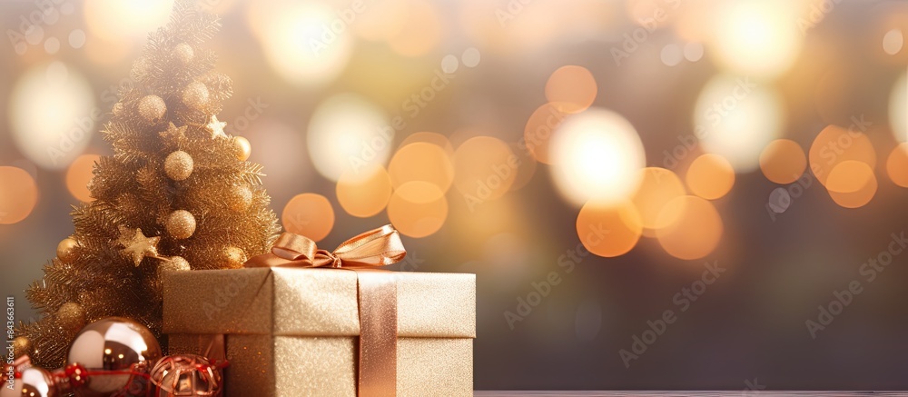 Aufkleber closeup christmas tree decorated with gift box and blur shiny golden bokeh background with copy spac
