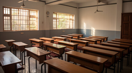 Empty Classroom with Wooden Desks and Chalkboard