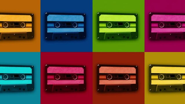 Retro musiccasette on simple colors background. Seamless looping footage.Old technology. Retro design. 3D animation of music audio mix tape. Loop animation. Retro music vintage, Synthwave style