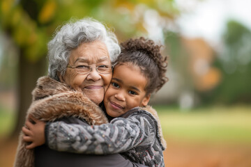 Happy African American grandmother hugs her granddaughter.