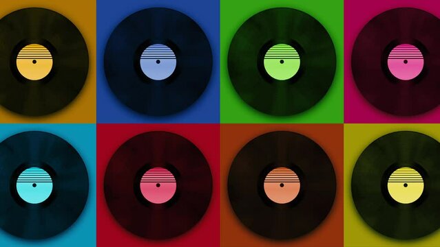 Spinning vinyl discs on simple colors background. Seamless looping footage.Old technology. Retro design. 3D animation of music record rotating. Loop animation. Retro music vintage, Synthwave style