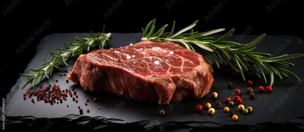 Poster a raw steak on a dark background accompanied by fresh rosemary copy space is available for text