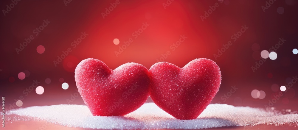 Poster two transparent sugar hearts on red background with copy space