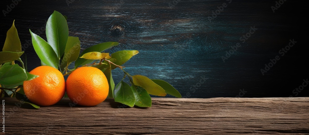 Poster the copy space image features a weathered wooden surface with an orange fruit adorned with leaves