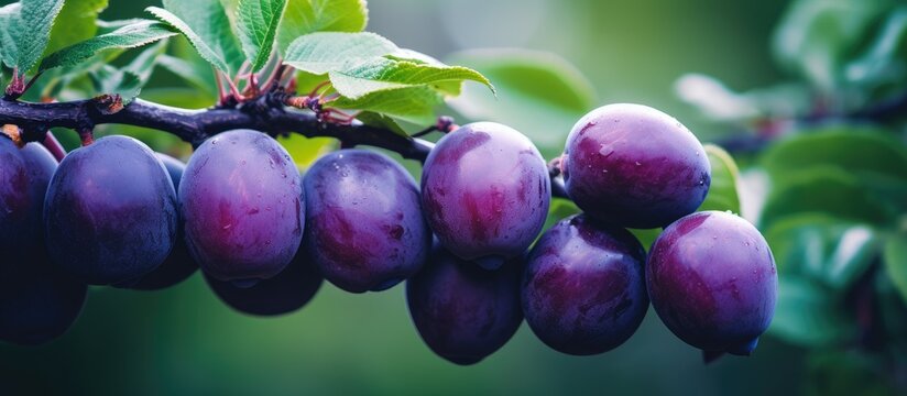 A closeup of a plum tree showcasing organic ripe damson plums with ample copy space for an image