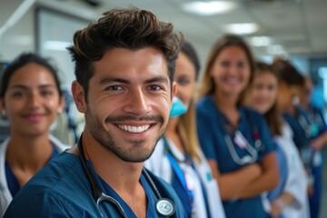 Fototapeta premium A group of smiling medical professionals are posing for a photo