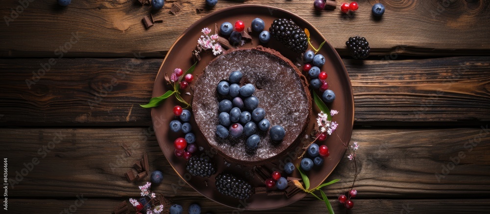 Aufkleber cutted chocolate cake with black currant confit on the wooden background flat lay top view copy spac