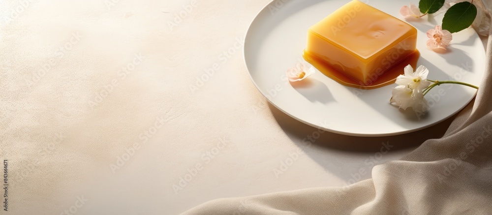 Poster salted caramel on light grey table flat lay space for text. copy space available