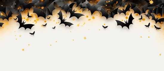 A Halloween themed background featuring a white paper sheet adorned with black bats spiders and golden stars This modern holiday mockup is ideal for Halloween party invitations The flat lay top view