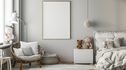mock up poster frame in children bedroom, Scandinavian style, minimalist style, copy and text space, 16:9