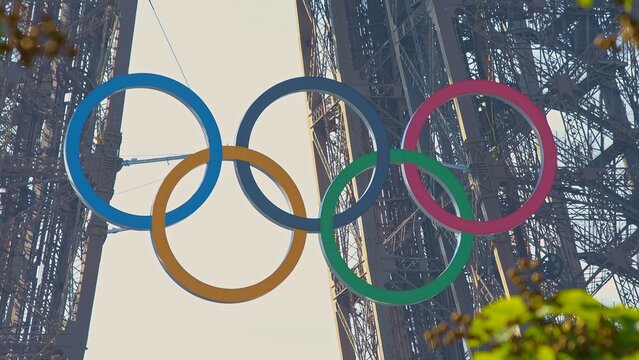 Olympic rings display at Eiffel Tower in Paris, France