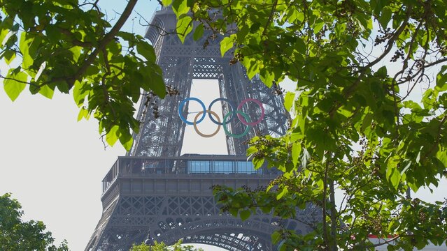Olympic rings display at Eiffel Tower in Paris, France