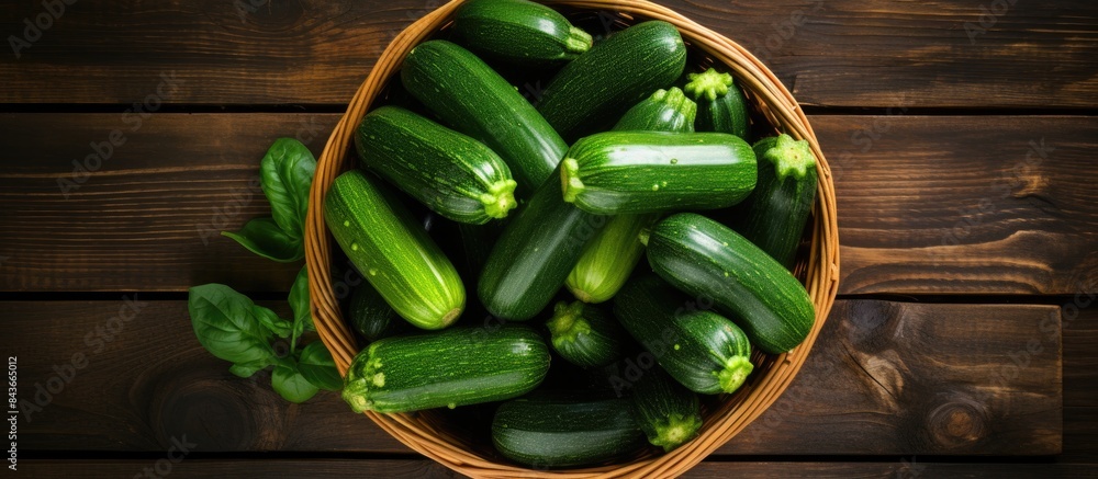 Poster basket with ripe zucchinis on wooden table flat lay space for text. copy space available