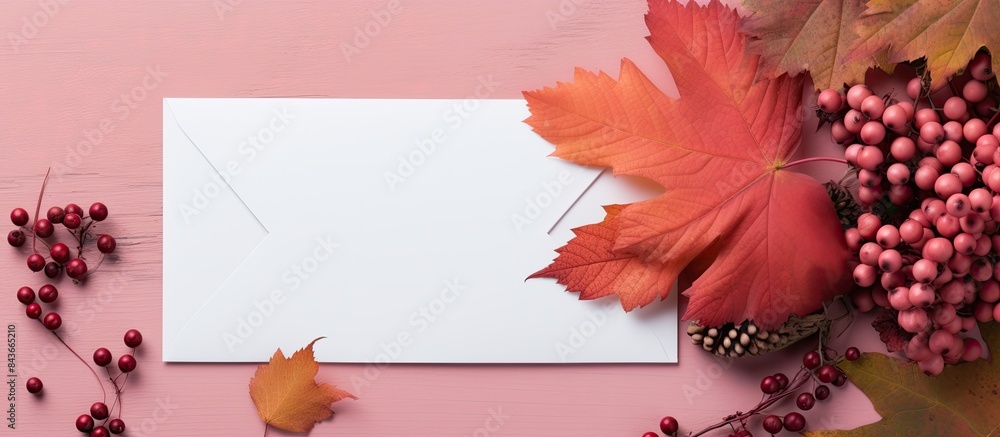 Aufkleber Autumn creative composition Red leaves empty blank card in paper envelope wild grape berries on pink paper background Fall thanksgiving day concept Flat lay top view copy space