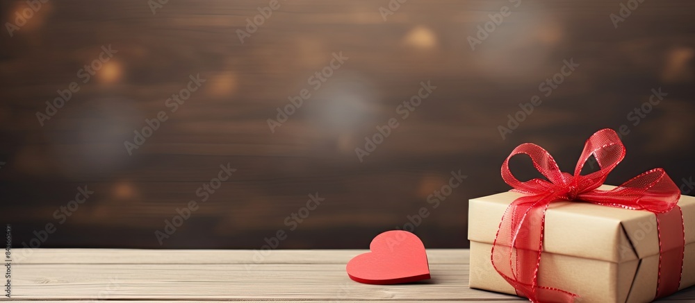 Aufkleber A top down view of a wooden table with a red paper heart gift box and notebooks The composition provides ample space for design elements