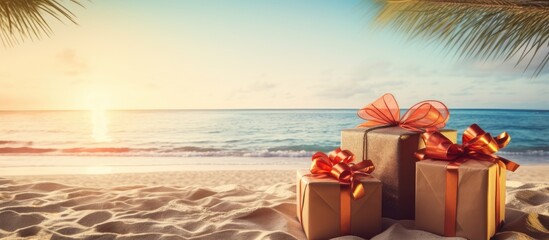 Obraz premium Christmas present boxes on tropical beach packed gifts on sand with azur sea background and copy space Holiday greeting card warm toned