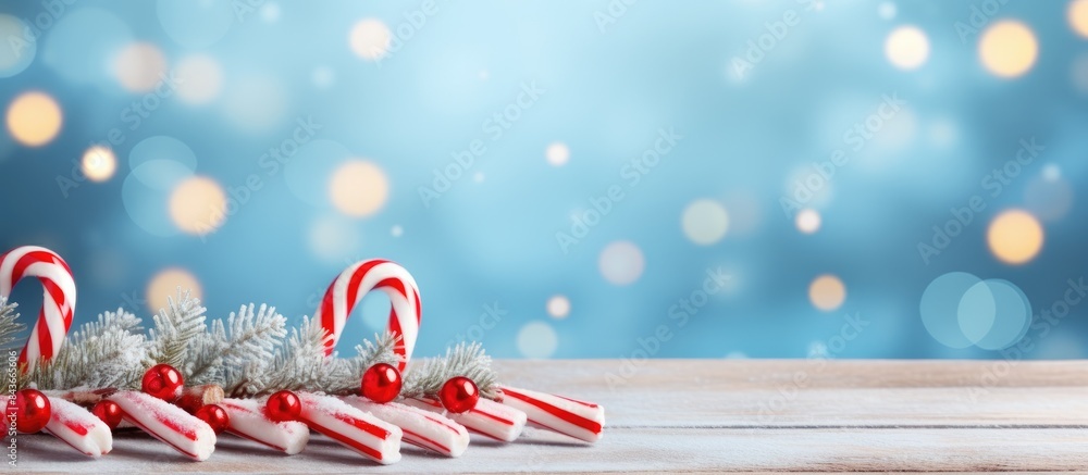 Poster beautiful christmas composition with candy canes fir tree branches and space for text on light blue 