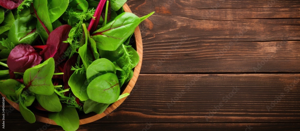Aufkleber overhead shot of fresh green salad with spinach arugula and beetroot leaves in bowl on old wooden ba