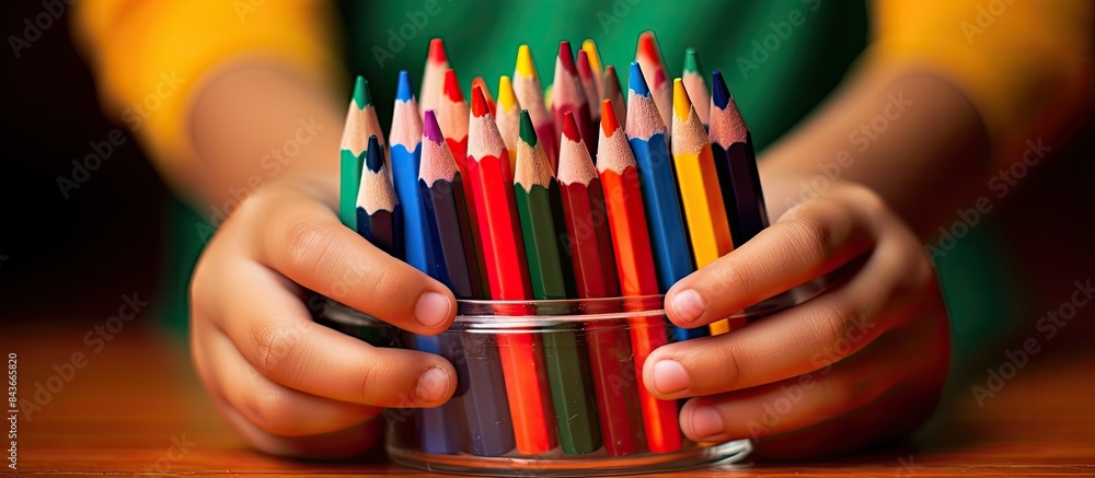 Poster close up copy space image of a child s hands packing with colorful crayons