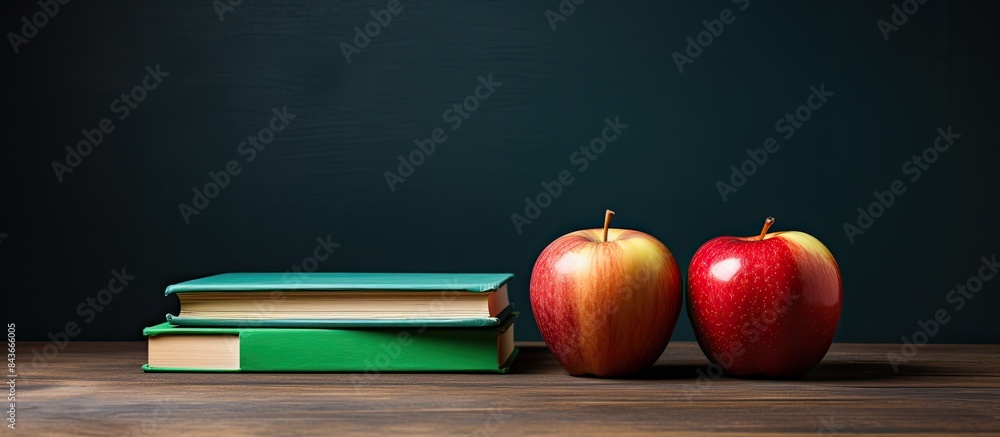 Poster Three books with different colored covers lie on a wooden surface in front of a blackboard with an apple concept for education and school with place for text or other elements. copy space available