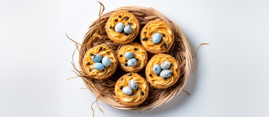 Cookies macaroni in a bird s nest on a light background Easter theme View from above Copy space 1