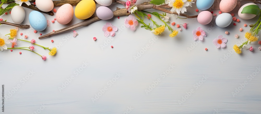 Aufkleber easter greeting card mockup spring flowers willow twigs and easter eggs space for text. copy space a