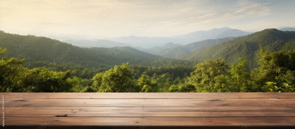 Poster empty wooden table with nature background. copy space available