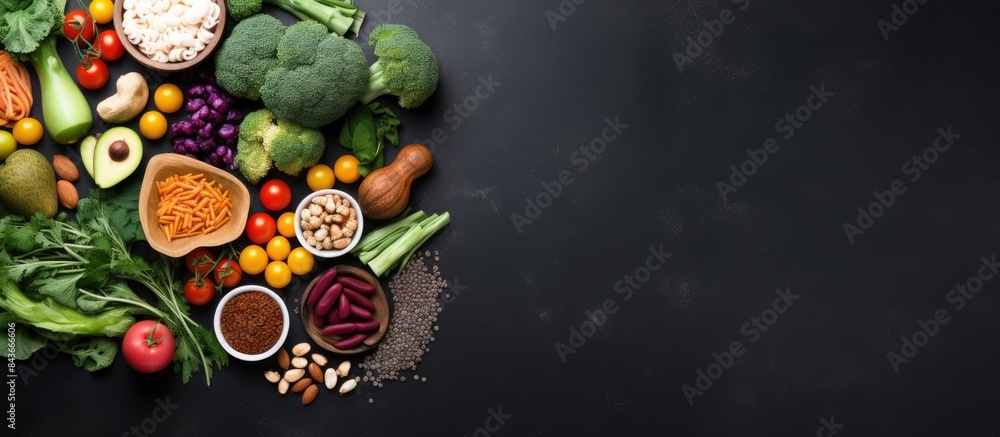 Poster best products for brains on dark gray background clean eating concept top view flat lay copy space