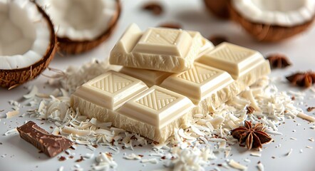 Fototapeta premium Close-up of white chocolate bars and coconut pieces on a light background, surrounded by coconut shavings and star anise.