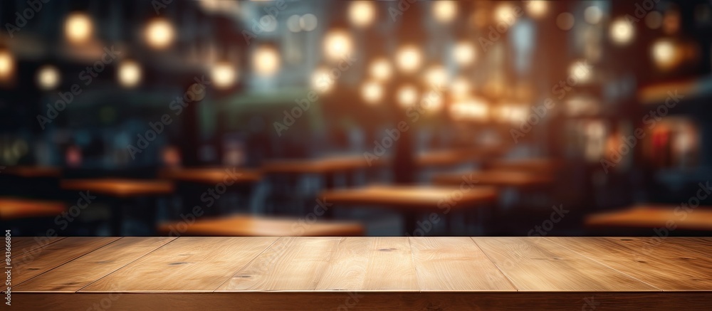 Poster empty wooden table space platform and blurred resturant or coffee shop background for product displa