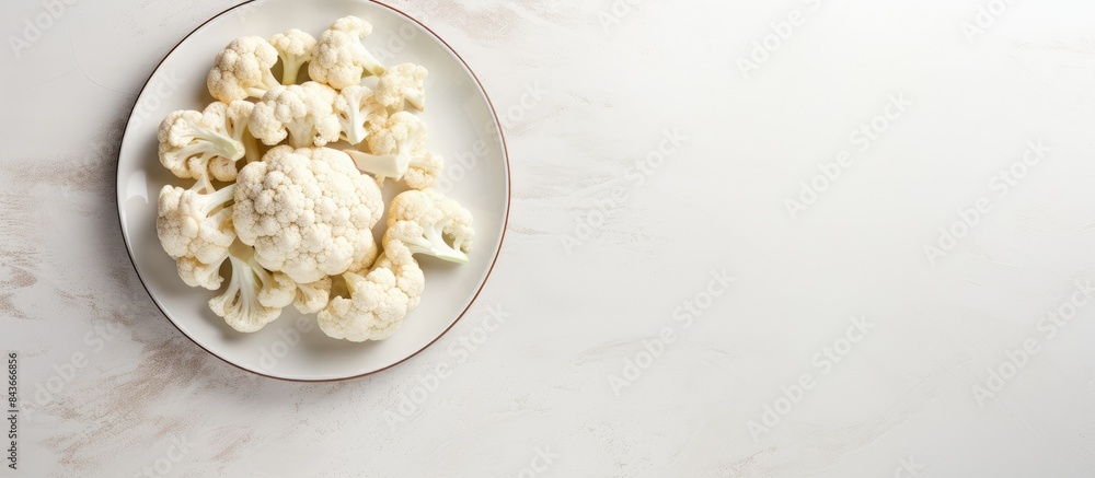 Poster plate with cut fresh raw cauliflower on light grey table top view space for text. copy space availab